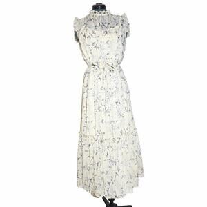 CeCe Blue White Floral Cotton Tiered Maxi Dress Sleeveless Belted Size 2 Small